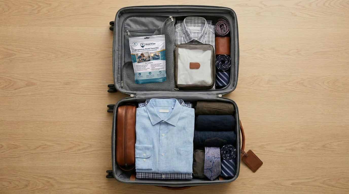 Open suitcase packed for travel with RiskWise respiratory kit